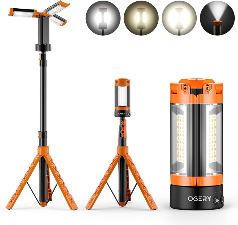 OGERY Rechargeable 10000mAh Camping Light with Stand 6.5 ft Max Height, Cordless Work Light with 3 LED Lamp Heads, 2200 Lumens Camping Essentials Gear Emergency Flashlight with Detachable Tripod - Image 1